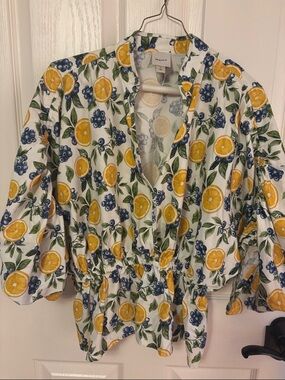 Maeve Yellow & Blue Citrus Print Peplum Top